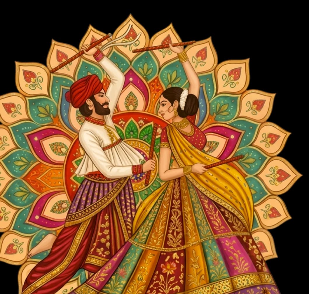 Illustration of a couple dancing dandiya in front of a colourful mandala